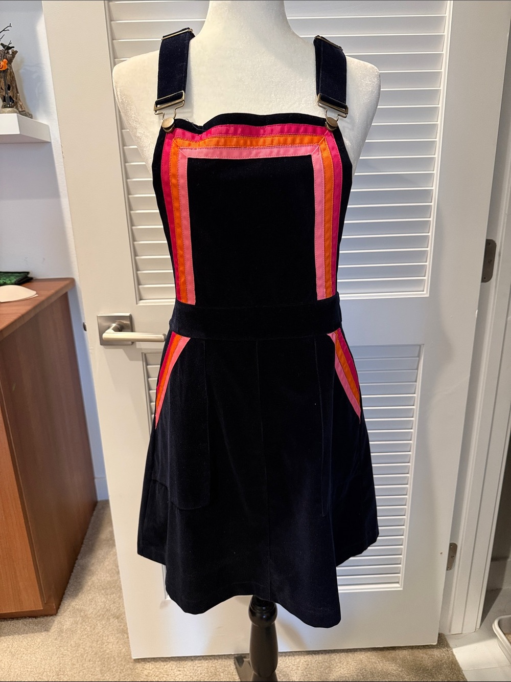 Unique Vintage Smal Parlour Corduroy Pinafore Dress with Pink & Orange Trim